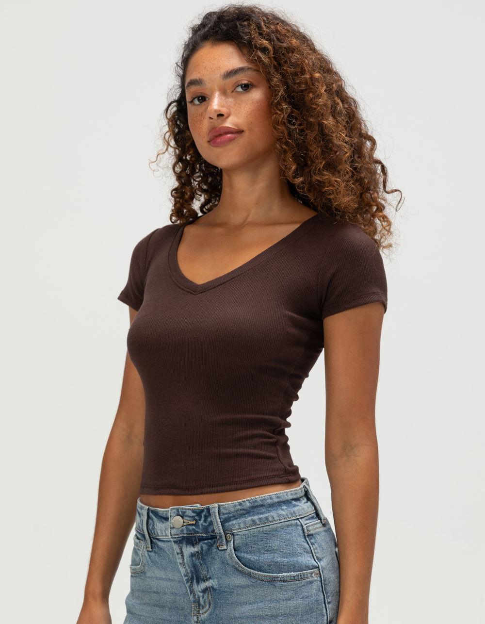 TILLYS V-Neck Rib Womens Tee - DARK BROWN Product Image