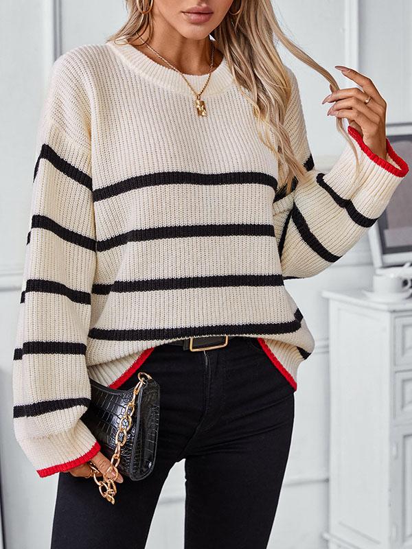 Long Sleeves Loose Contrast Color Split-Joint Striped Round-Neck Pullovers Sweater Tops Product Image