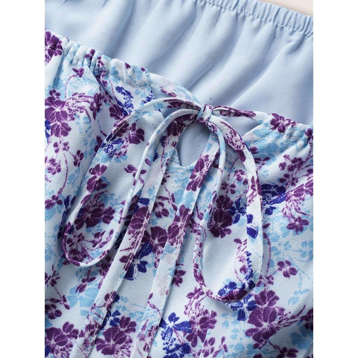 Plus Size Chiffon Ditsy Floral Tie Knot Raglan Sleeve Dress Purple Women Elegant Tie knot Square Neck Cap Sleeve Curvy BloomChic 18-20/2X Product Image