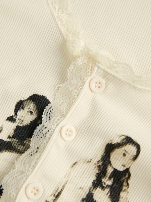 Portrait Print Lace Trim Crop Long Sleeve Knit Product Image