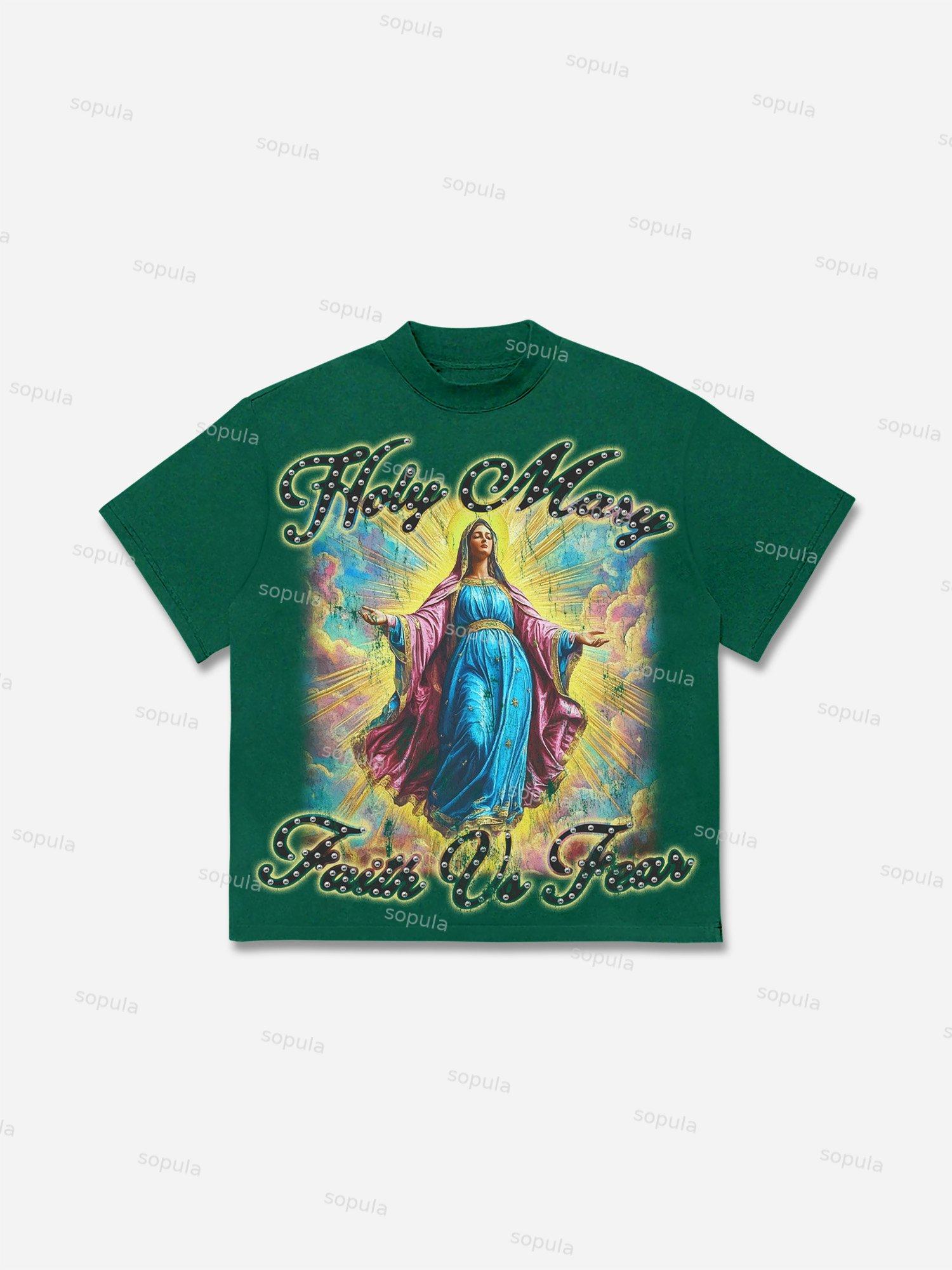 Men's Faith Vintage Holy Mary Graphics Cotton T-shirt Product Image