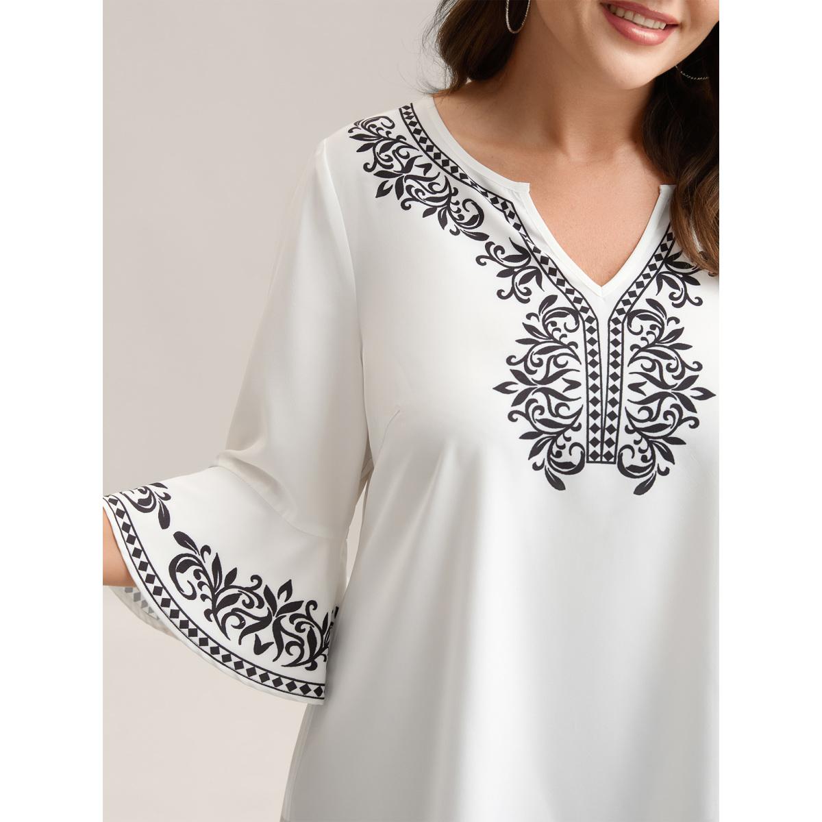 Plus Size Originalwhite Boho Print Split Neck Relaxed Fit Blouse Women Resort Elbow-length sleeve Notched collar Vacation Blouses BloomChic 22-24/3X Product Image