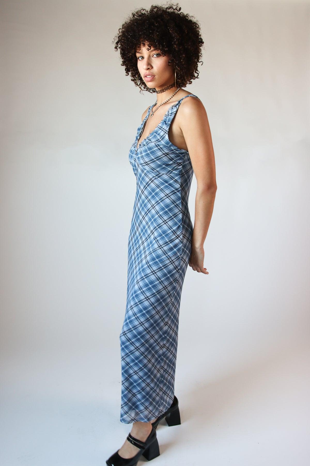 Mesh Plaid Cami Plunge Maxi Dress Product Image
