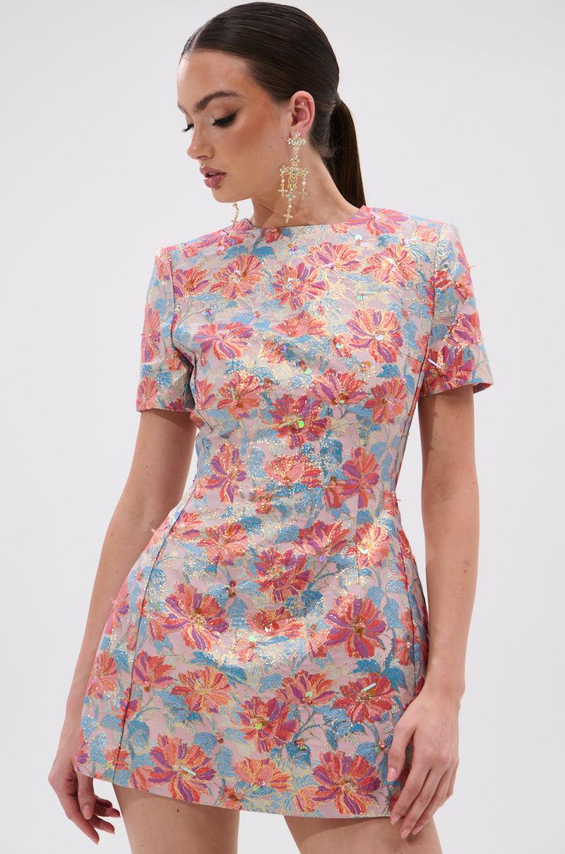 PRETTY IN PINK BROCADE BEADED MINI DRESS Product Image