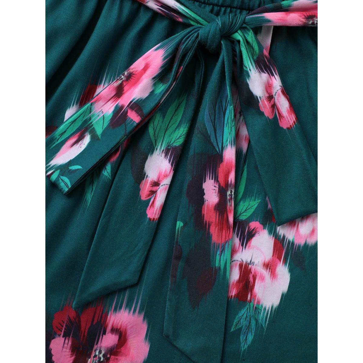 Plus Size Overlap Collar Floral Midi Dress Emerald Women Elegant Belted Overlap Collar Elbow-length sleeve Curvy BloomChic 26/4X Product Image