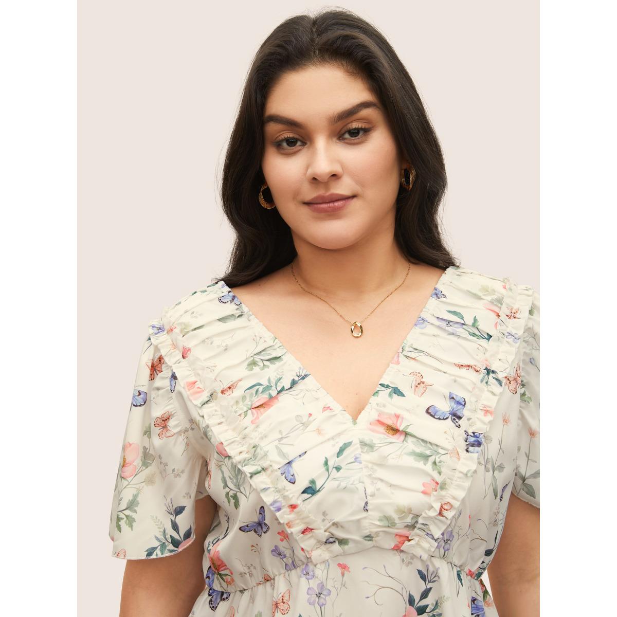Plus Size Beige Butterfly Ruffles Elastic Waist Ruched Blouse Women Elegant Short sleeve V-neck Everyday Blouses BloomChic 14-16/1X Product Image