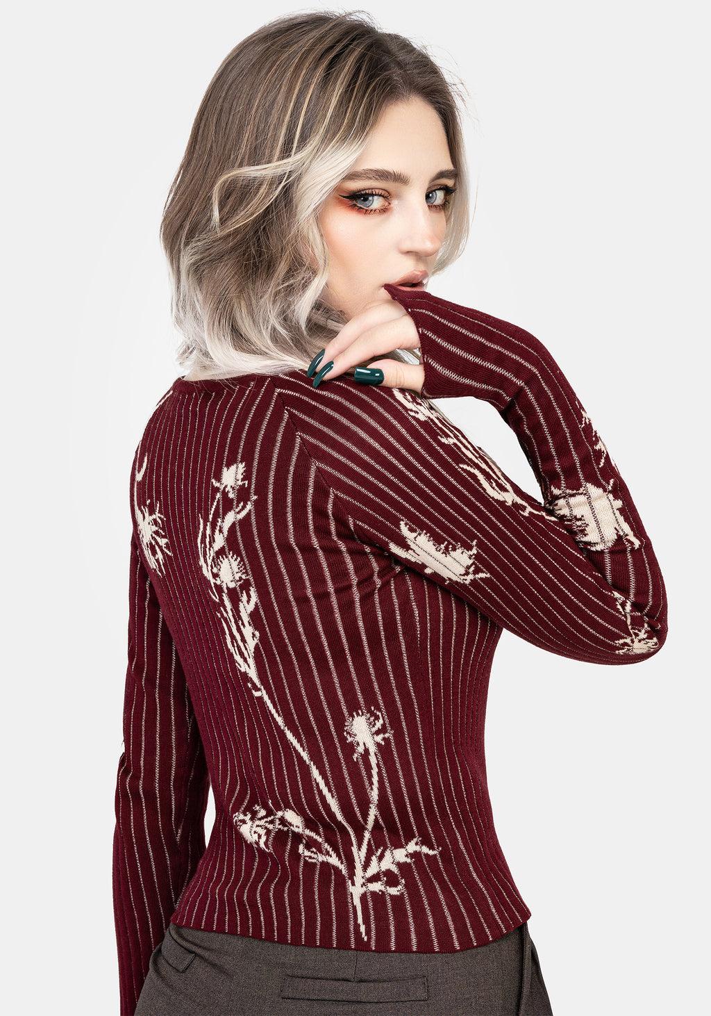 Diastella Floral Jacquard Rib Knit Raglan Sleeve Top - Red Product Image