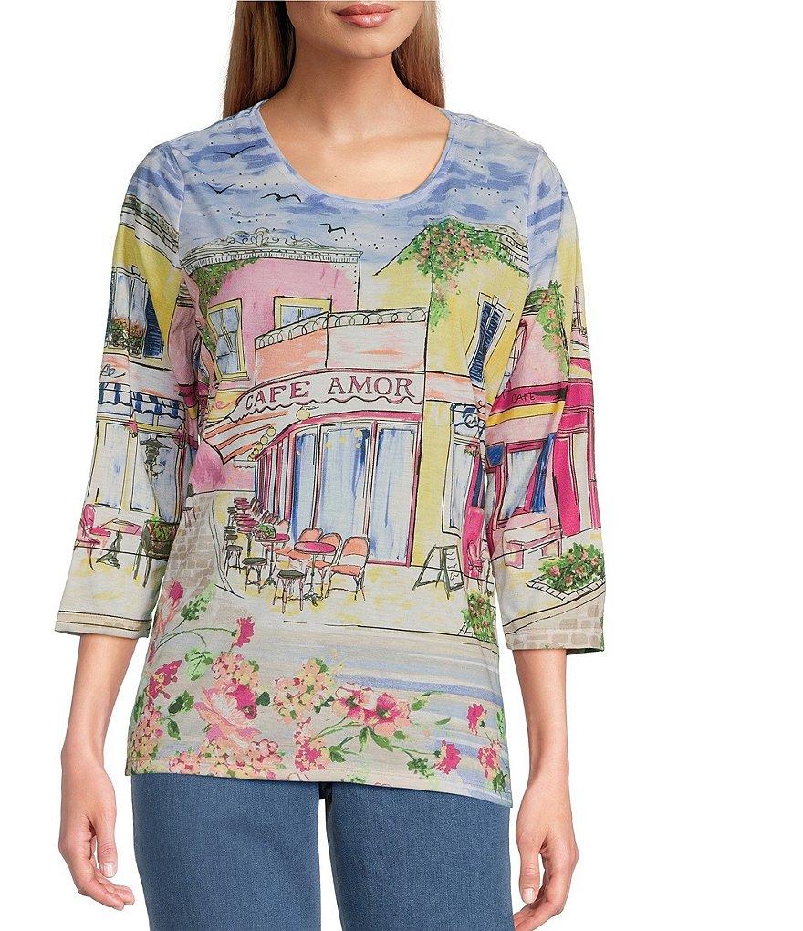 Allison Daley Cafe Social Print 3/4 Sleeve Crew Neckline Knit Top Product Image