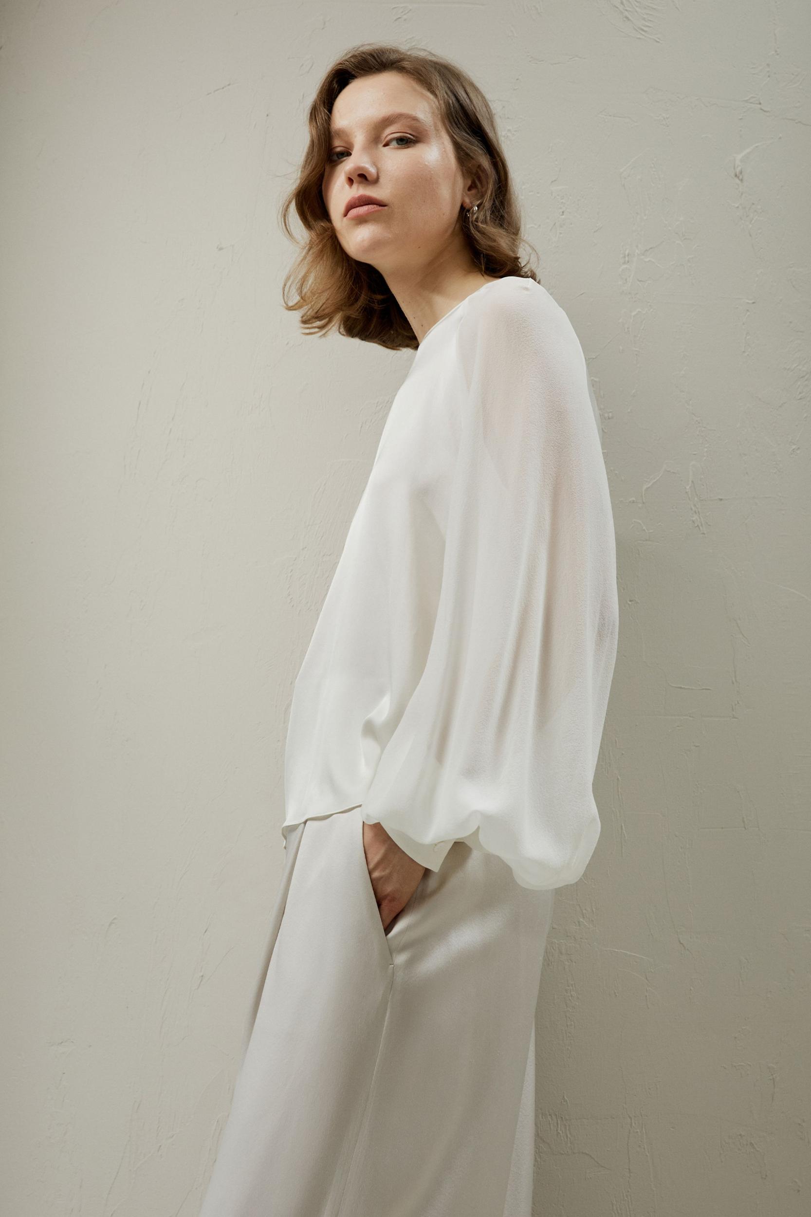 LILYSILK Women Silk Tops White Light and Soft Long Balloon Sleeves 100% Grade 6A Mulberry Silk Light and Soft XL Product Image