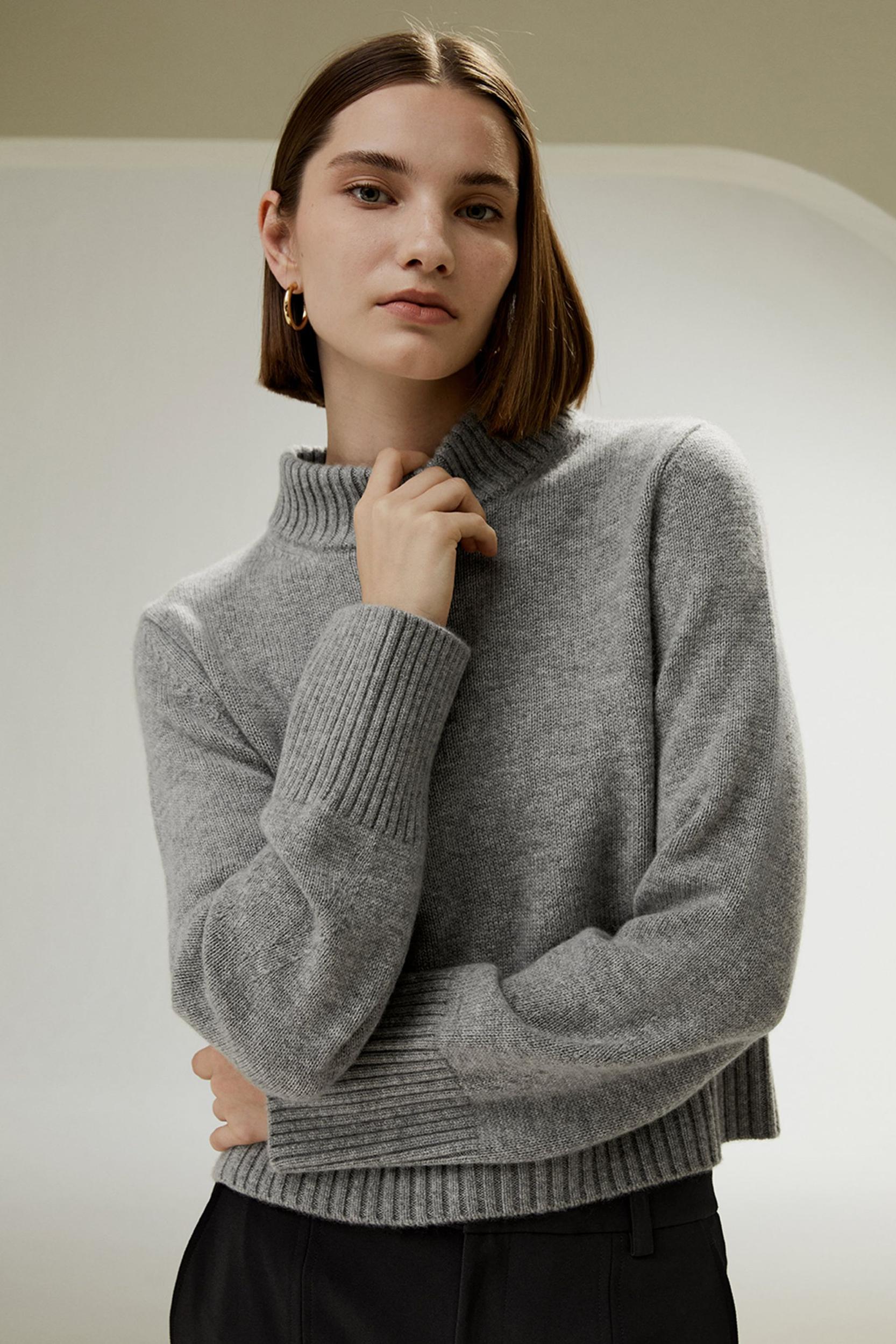 Ribbed Collar and Hemline Wool Cashmere Sweater Product Image