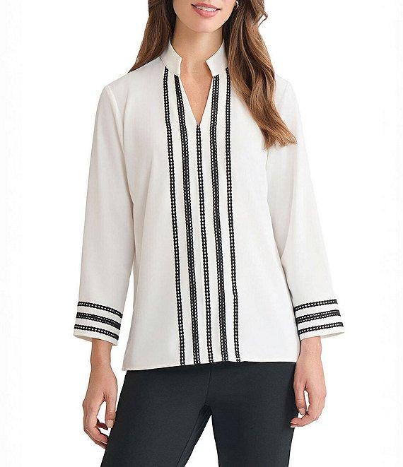 Ming Wang Ribbon Trim Crepe De Chine Mandarin V-Neck Bracelet Sleeve Blouse Product Image