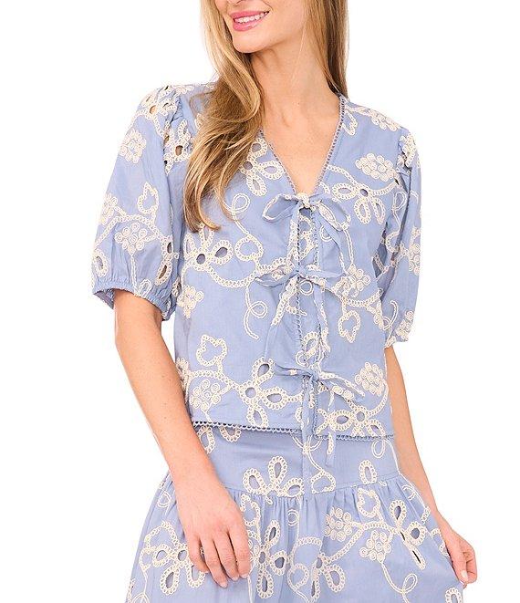 CeCe V-Neck Short Puff Sleeve Embroidered Tie Front Top Product Image