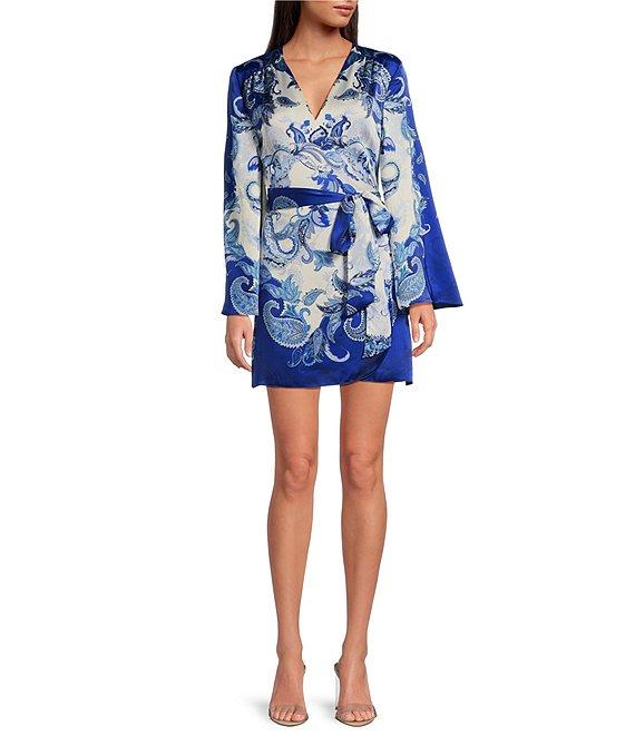 Gianni Bini Jenni Paisley Printed Satin V-Neck Long Sleeve Mini Wrap Dress Product Image