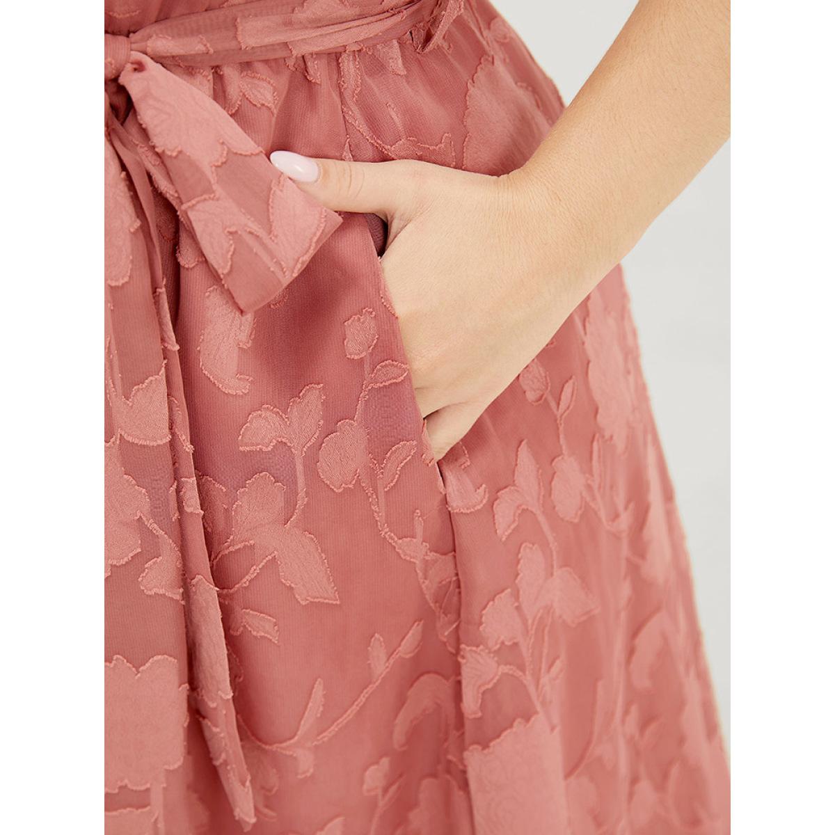 Plus Size Floral Print Ruffle Trim Wrap Belted Asymmetrical Tank Dress DustyPink Women Glamour Lined V-neck Sleeveless Curvy Midi Dress BloomChic 12/L Product Image