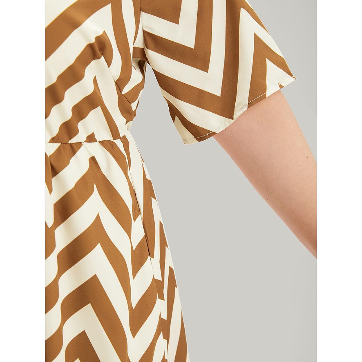 Plus Size Geometric Print Shirt Collar Button Through Dress Bronze Women Office Printed Shirt collar Short sleeve Curvy Midi Dress BloomChic 10/M Product Image