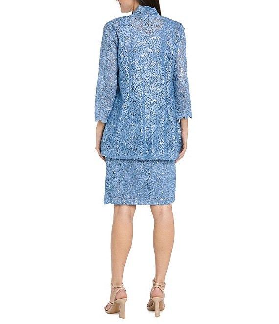 R & M Richards 2-Piece Scalloped Glitter Lace Beaded V-Neck Jacket Dress Product Image