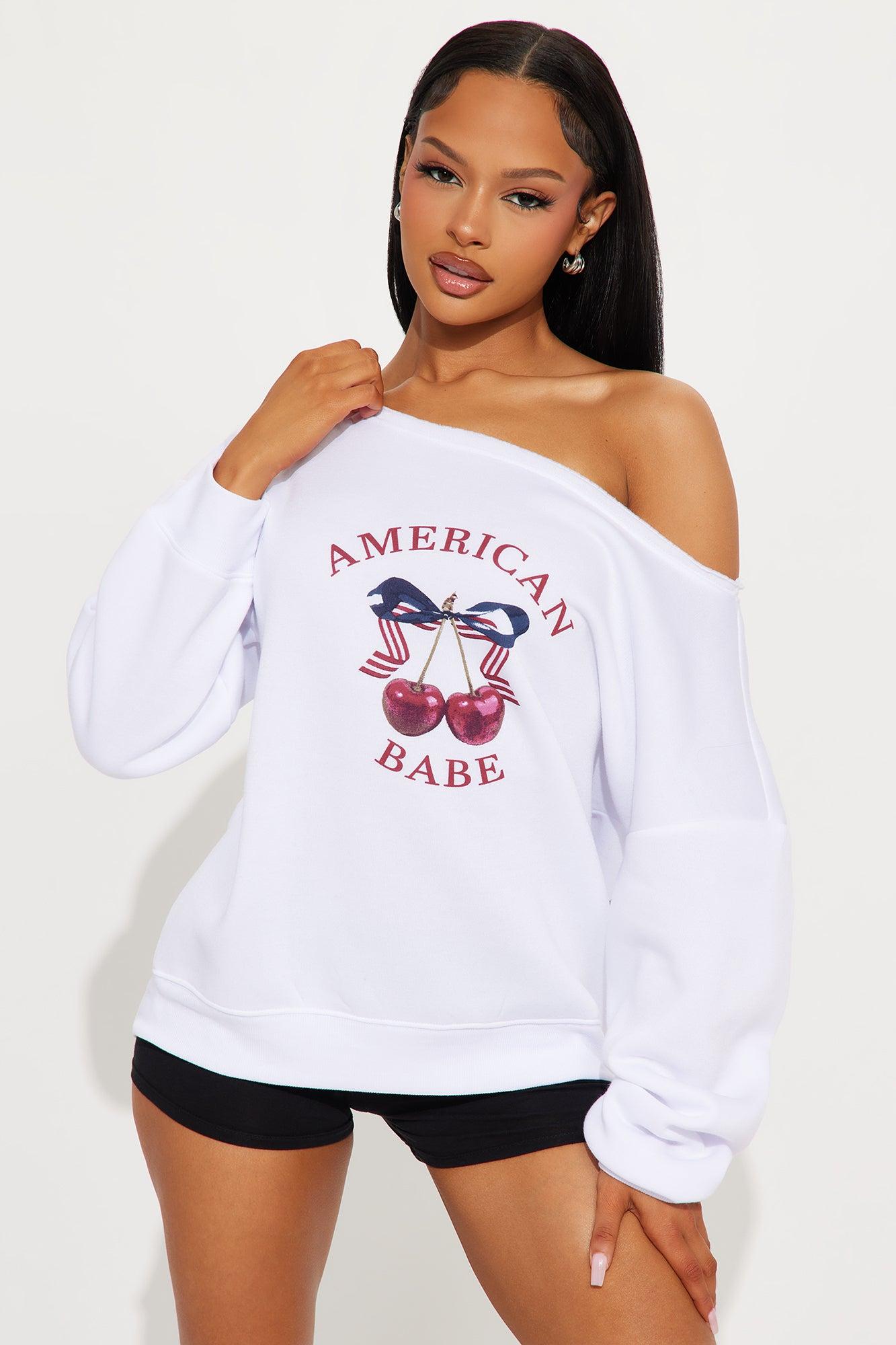 American Babe Cherry Crew Neck Sweatshirt - White Product Image