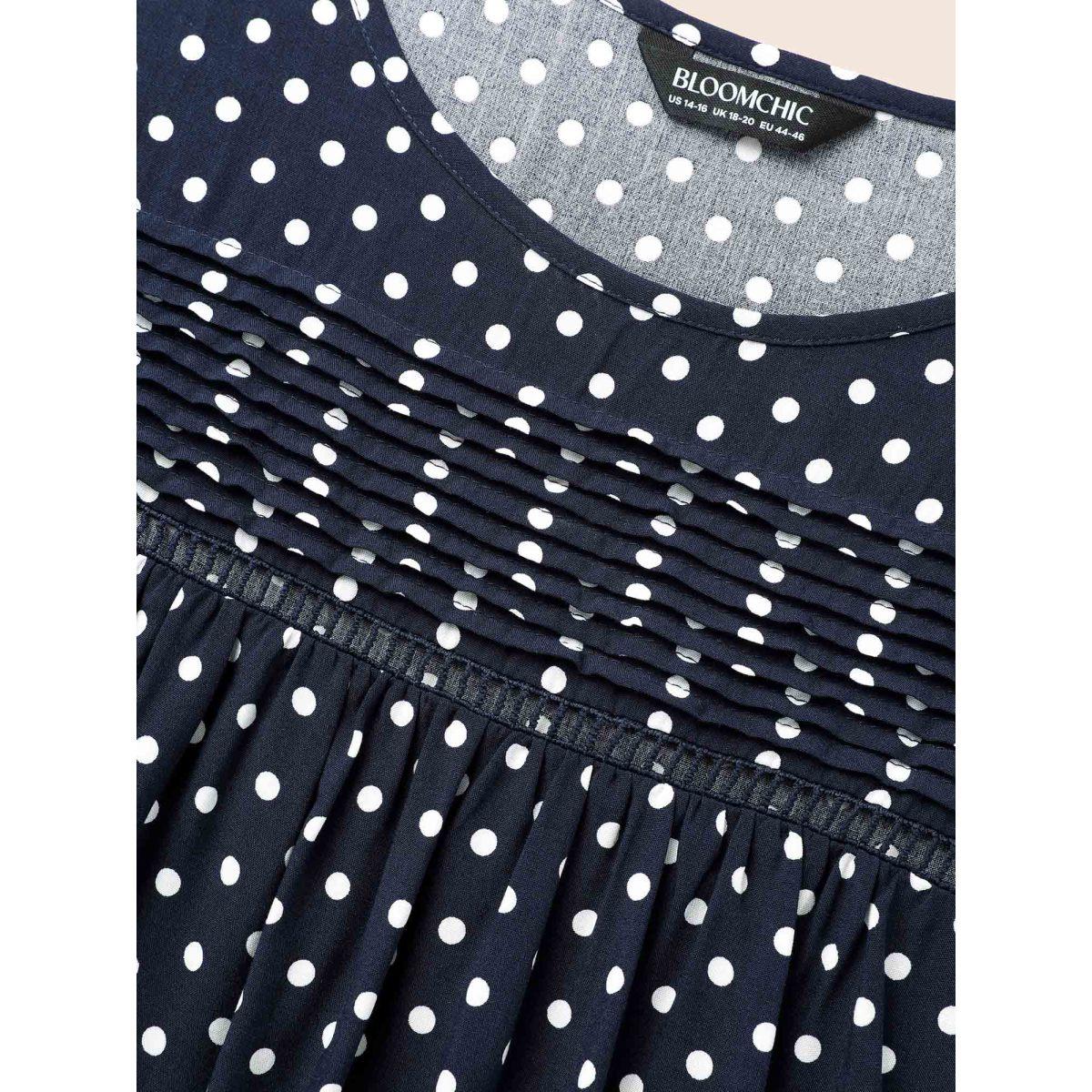 Plus Size Indigo Polka Dot Split Hem Pleated Blouse Women Elegant Cap Sleeve Round Neck Everyday Blouses BloomChic 12/L Product Image