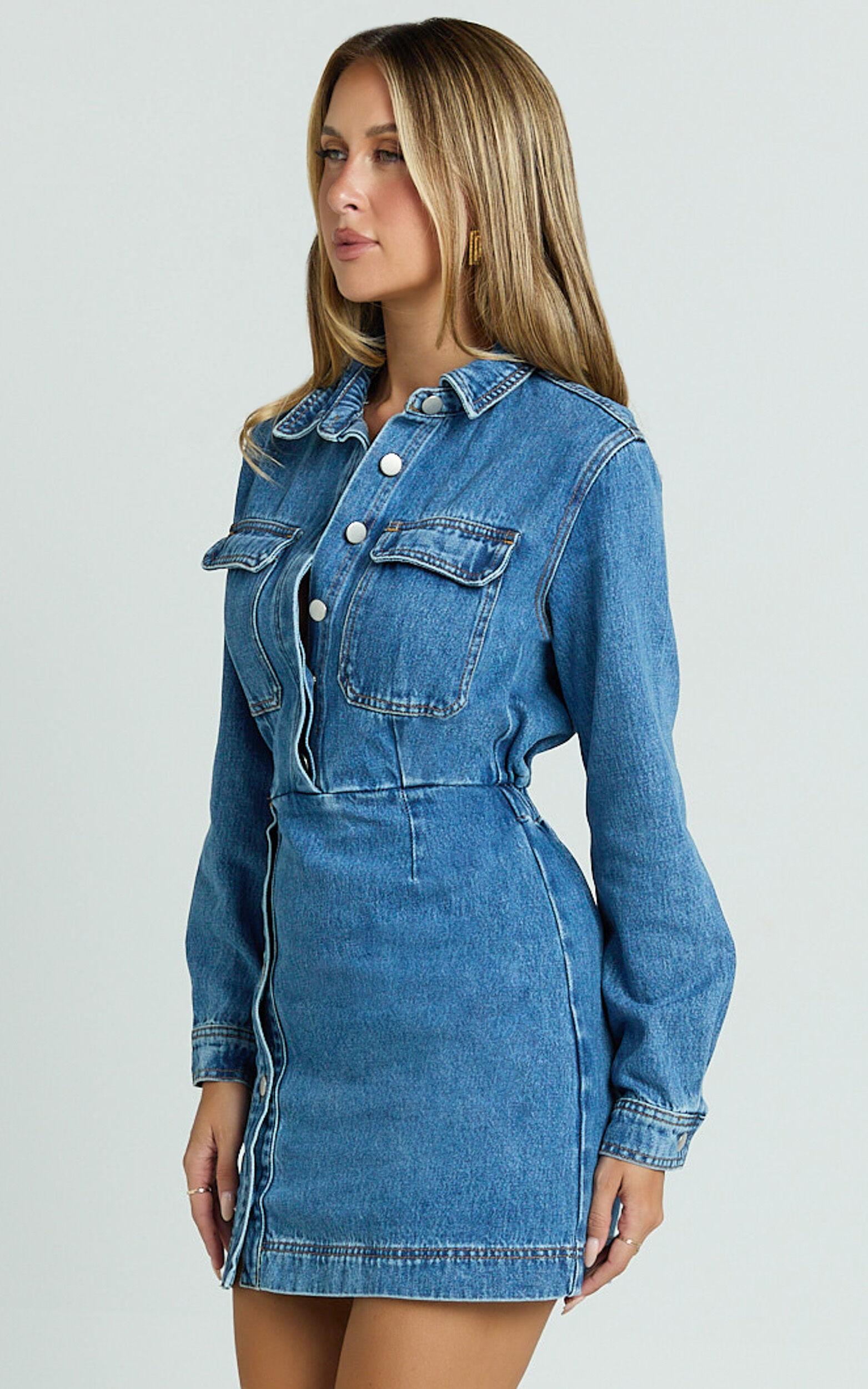 Ainsley Mini Dress - Button Through Long Sleeve Denim Dress in Mid Blue Wash Product Image