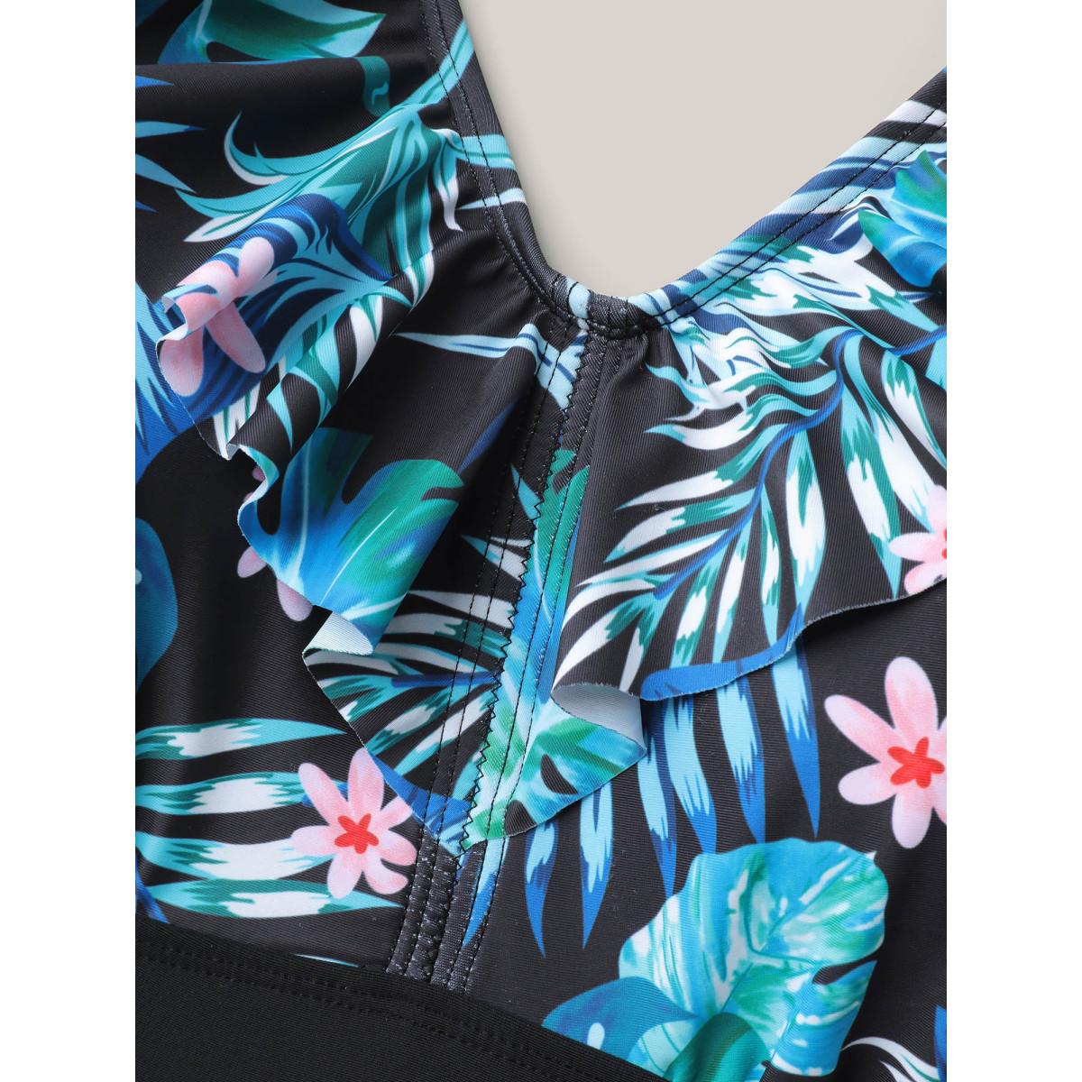 Plus Size Floral Print Spliced Ruffled Straps Swim Dress Women's Swimwear Black Beach Bodycon V-neck High stretch Curve Swim Dresses BloomChic 12/L Product Image