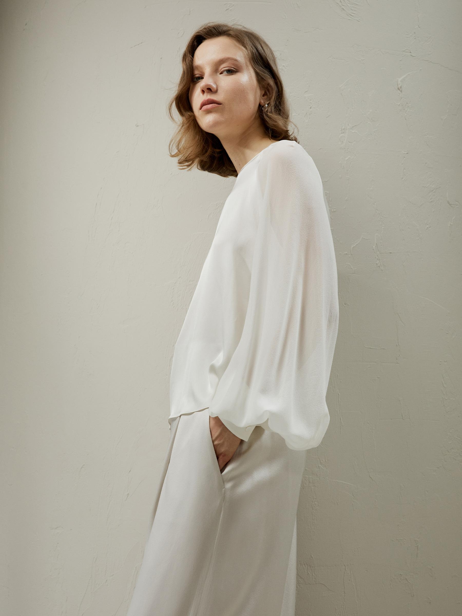 LILYSILK Women Silk Tops White Light and Soft Long Balloon Sleeves 100% Grade 6A Mulberry Silk Light and Soft XL Product Image