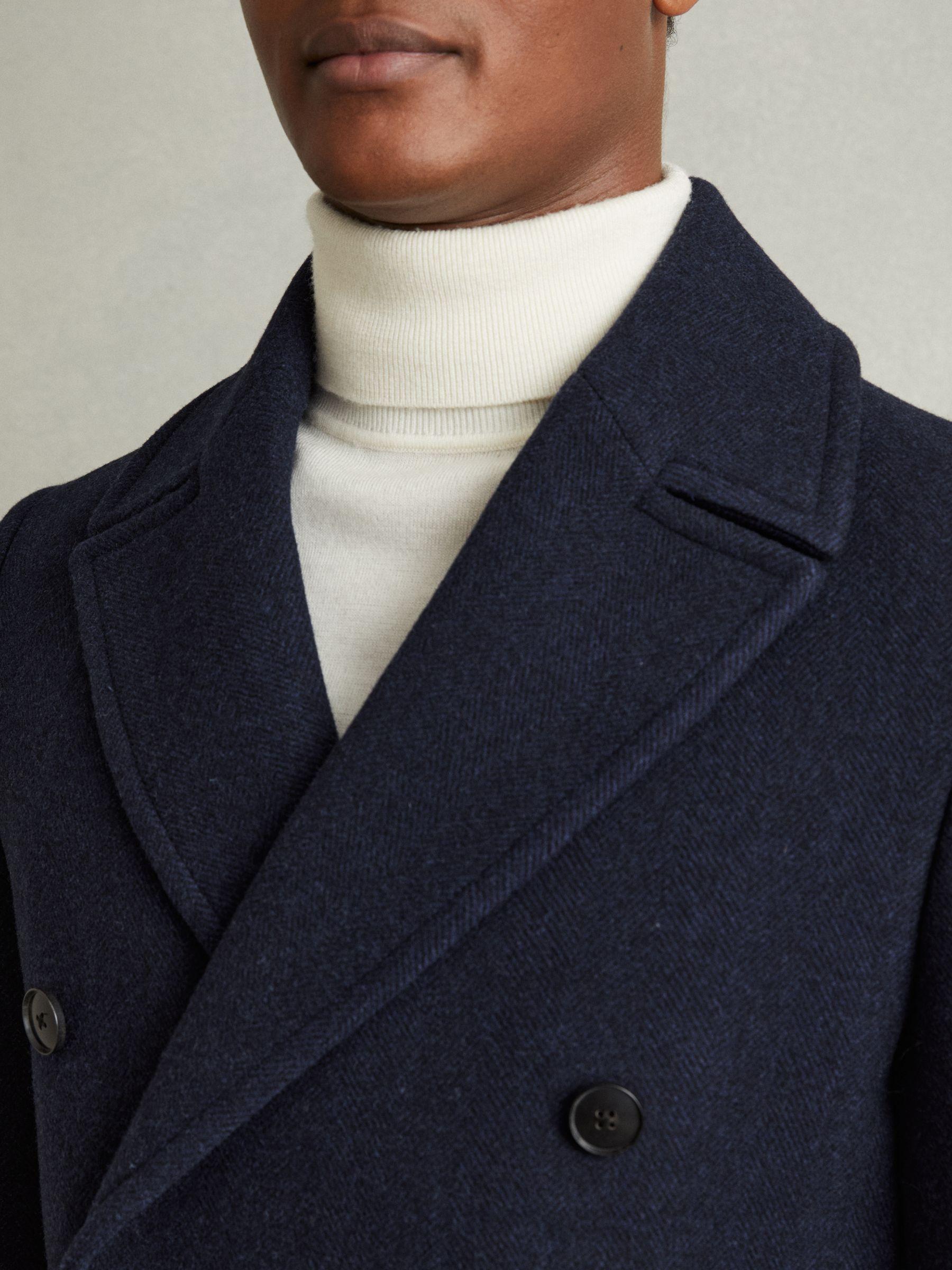 Wool Blend Double Breasted Peacoat in Navy Herringbone Product Image