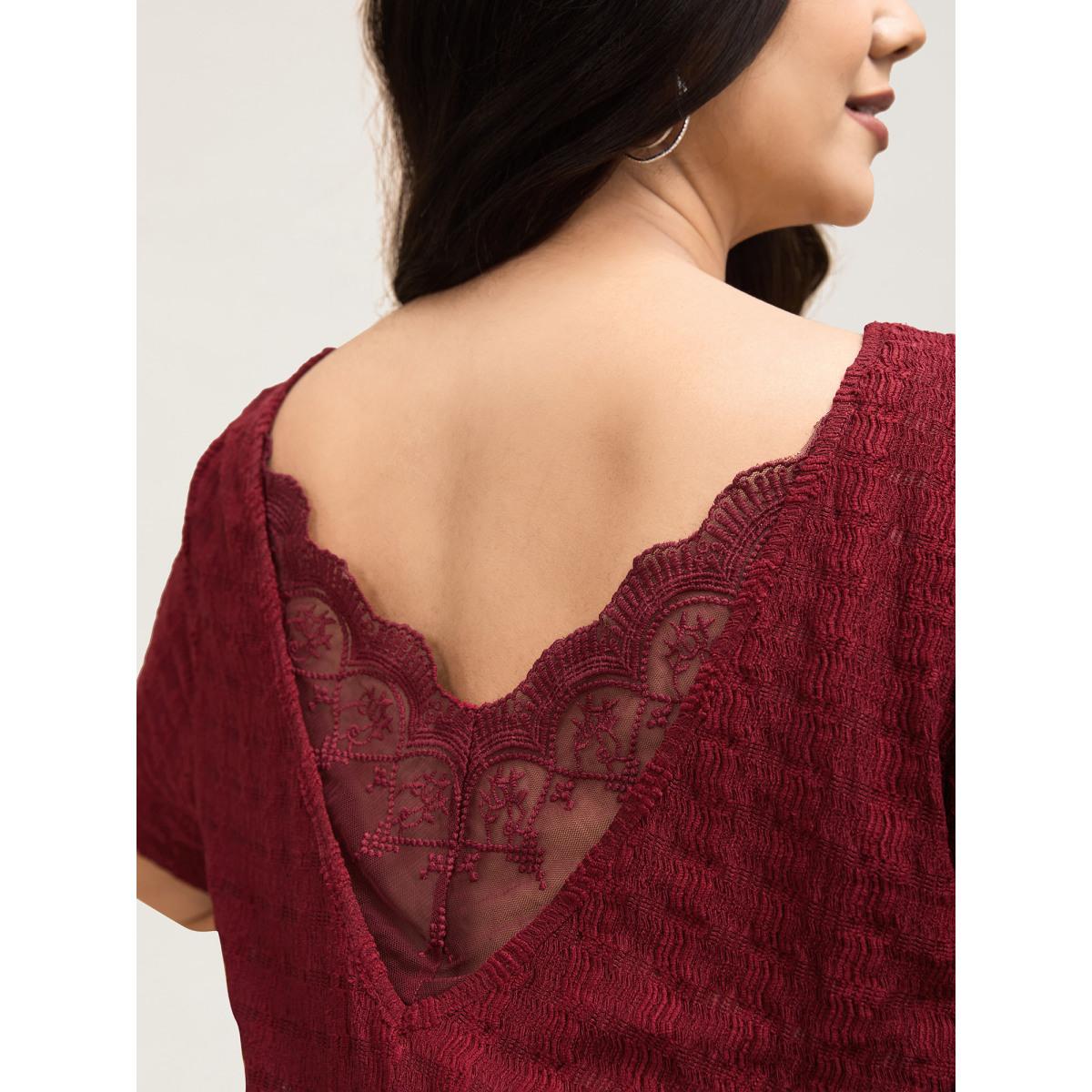 Plus Size Textured Back Lace Cut-Out Stretchy T-Shirt Burgundy Women Leisure Texture Boat Neck Casual T-shirts BloomChic 10/M Product Image