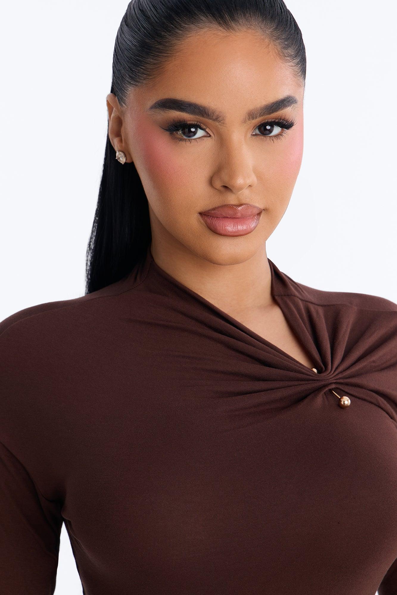 Pin Me Asymmetrical Neck Long Sleeve Top - Brown Female Product Image