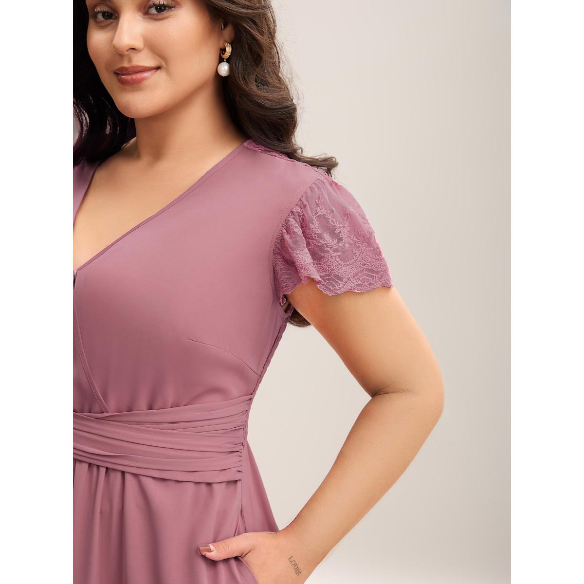 Plus Size Flutter Sleeve Lace Stretchy Waist Midi Dress DustyPink Women Elegant Woven ribbon&lace trim Overlap Collar Short sleeve Curvy BloomChic 30/6X Product Image