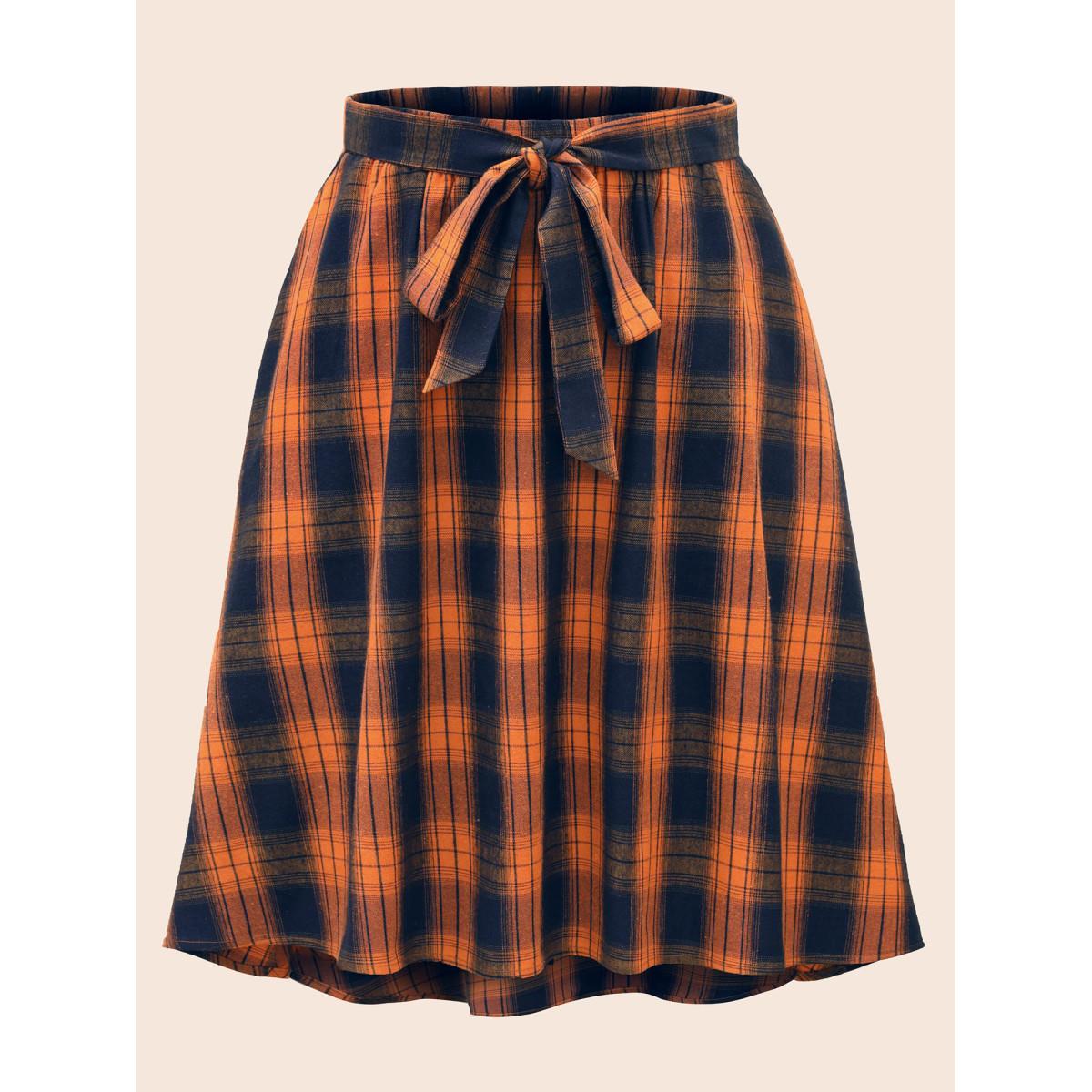 Plus Size Plaid Waist Tie A-Line Skirt Women Brightorange Elegant Tie knot No stretch Slanted pocket Belt Everyday Skirts BloomChic 12/L Product Image