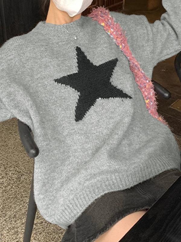 Vintage Star Jacquard Crew Neck Sweater Product Image