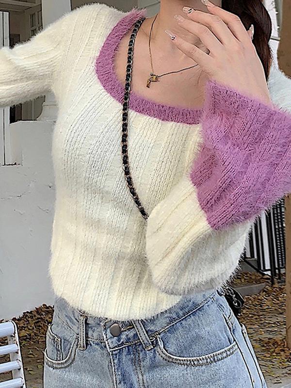 Contrast Color Splice Trumpet Sleeve Slim Sweater Product Image