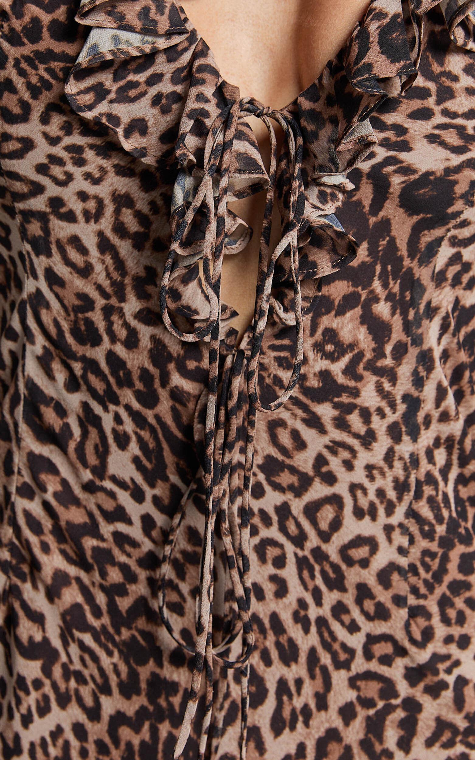 Alesya Mini Dress - Ruffle Plunge Neck Long Sleeve Tie Detail Dress in Tonal Leopard Product Image