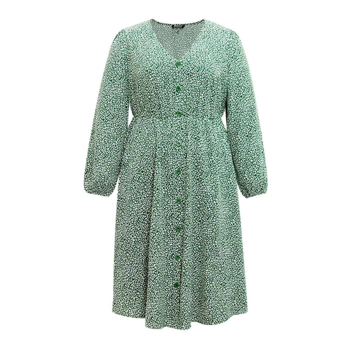 Plus Size Leopard Print Elastic Cuffs Button Detail Dress Green Women Elegant Elastic cuffs V-neck Long Sleeve Curvy Midi Dress BloomChic 18-20/2X Product Image