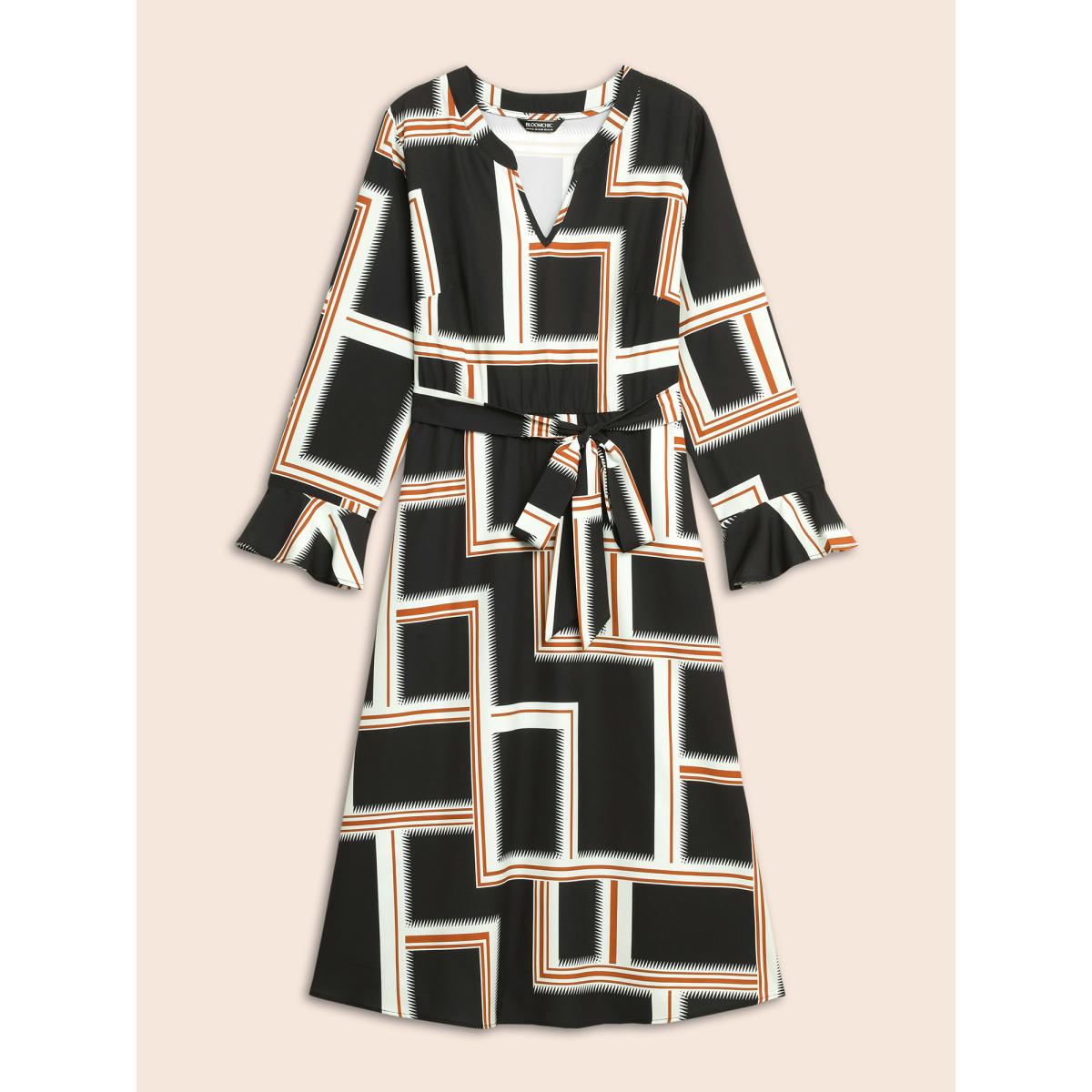 Plus Size Notched Collar Geometric Contrast Belted Dress Indigo Women At the Office Belted Notched collar Long Sleeve Curvy BloomChic 28/5X Product Image