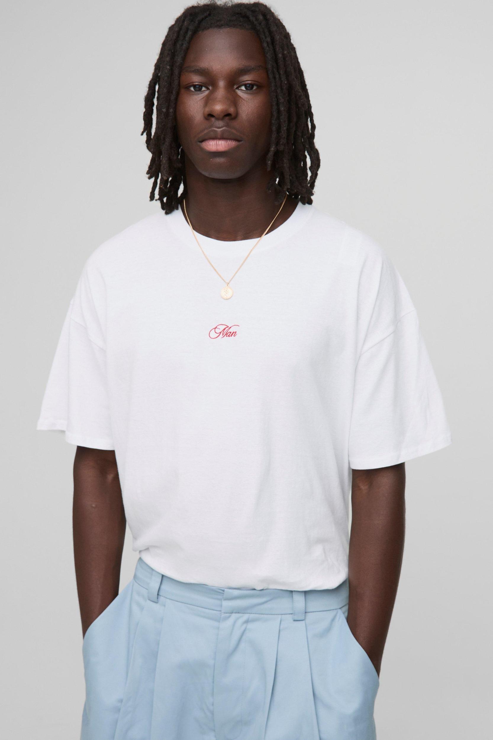White Oversized Embroidered MAN T-Shirt | boohooMAN USA Product Image
