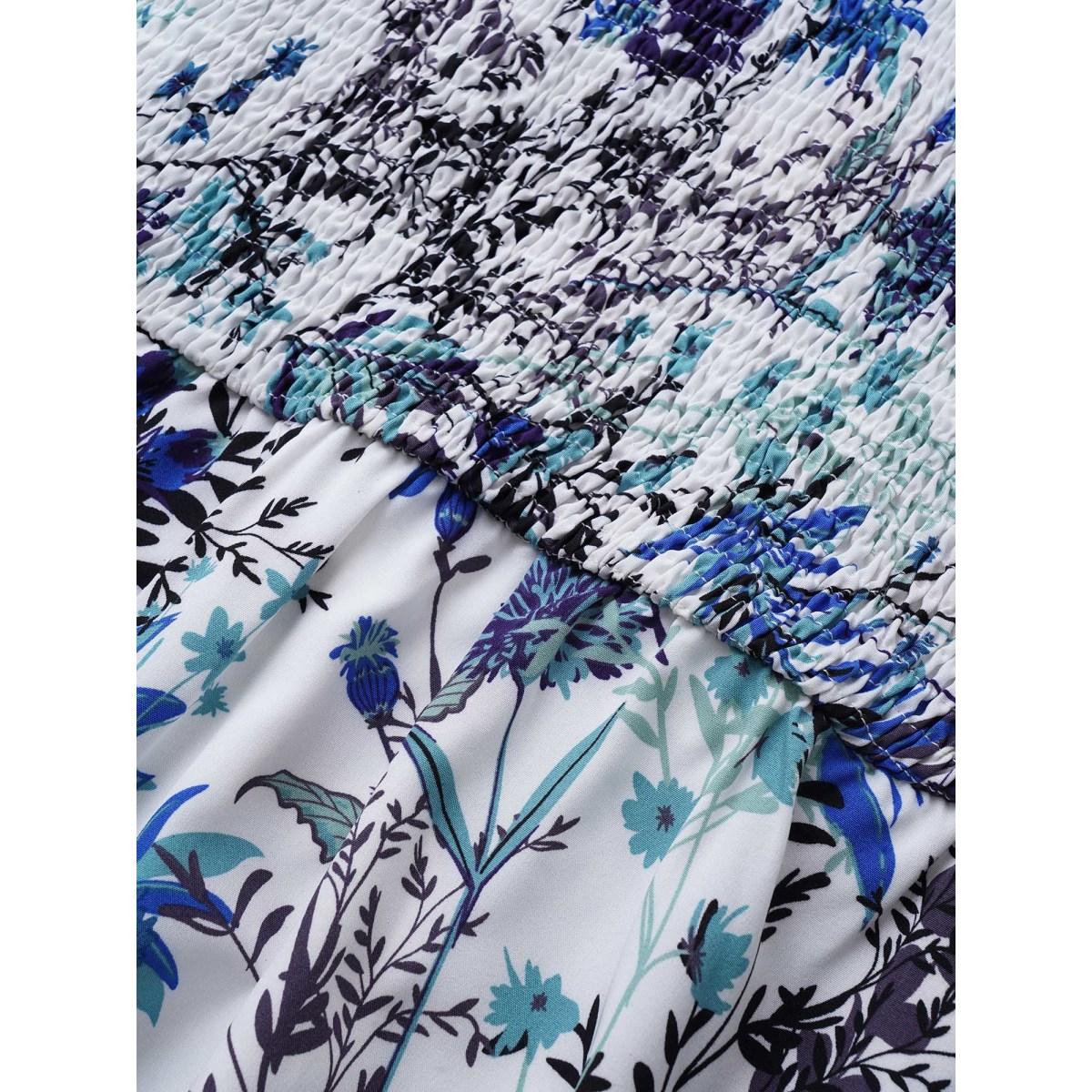 Plus Size Plants Print Shirred Elastic Waist Gathered Dress White Women Elegant Non V-neck Elbow-length sleeve Curvy Midi Dress BloomChic 18-20/2X Product Image