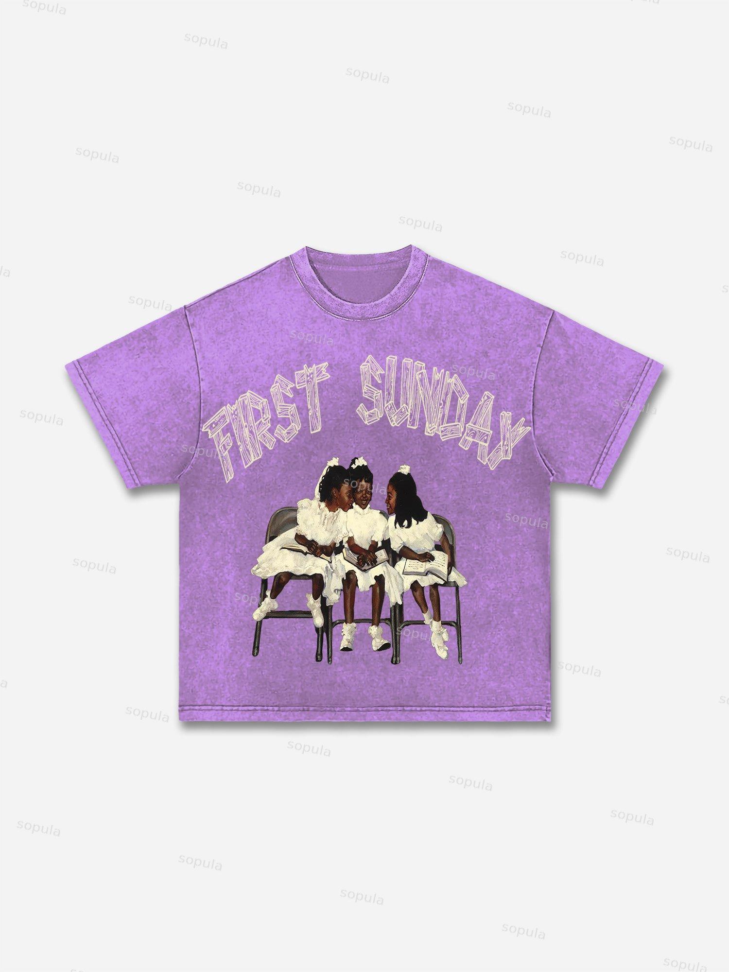 First Sunday Retro Graphic Print Acid Washed T-Shirt Product Image