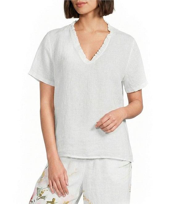 M Made In Italy Linen Ruffle V-Neck Short Sleeve High-Low Top Product Image