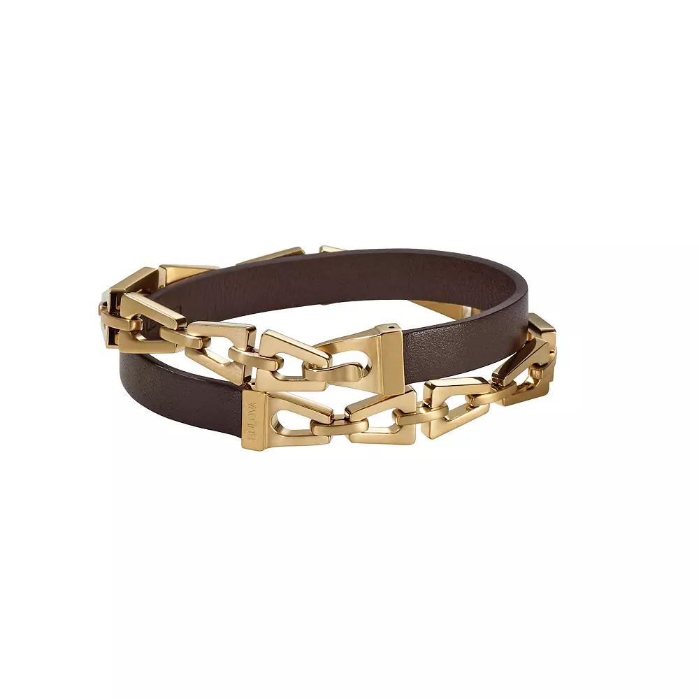 Bulova Mens Gold Tone Stainless Steel & Brown Leather Double Wrap Bracelet Multi Product Image