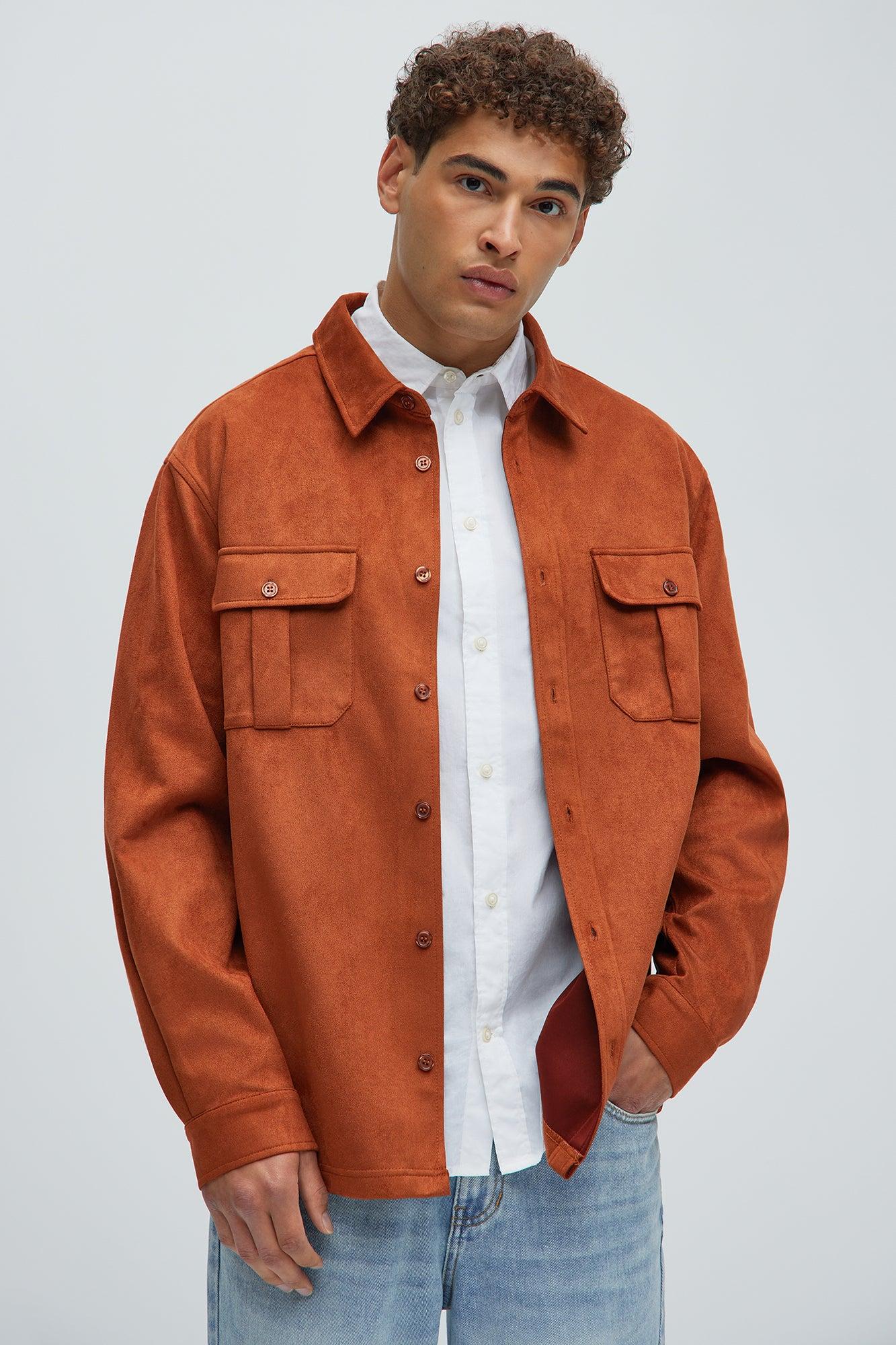 Ardee Faux Suede Button Up Shirt - Brown Product Image
