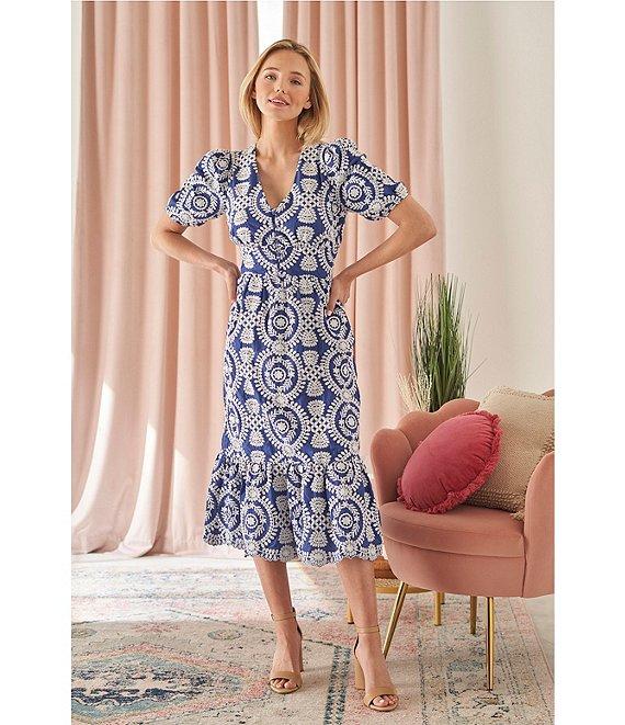 Adelyn Rae Eyelet Embroidered Puff Short Sleeve V-Neck Midi Dress Product Image