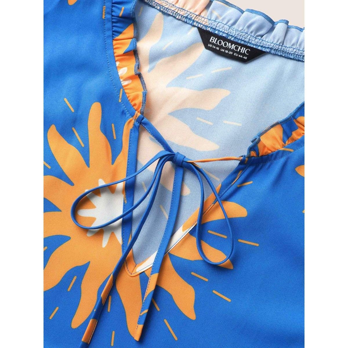 Plus Size Sun Print Tie Knot Ruffle Layered Hem Dress Skyblue Women Elegant Cross straps Round Neck Sleeveless Curvy BloomChic 18-20/2X Product Image