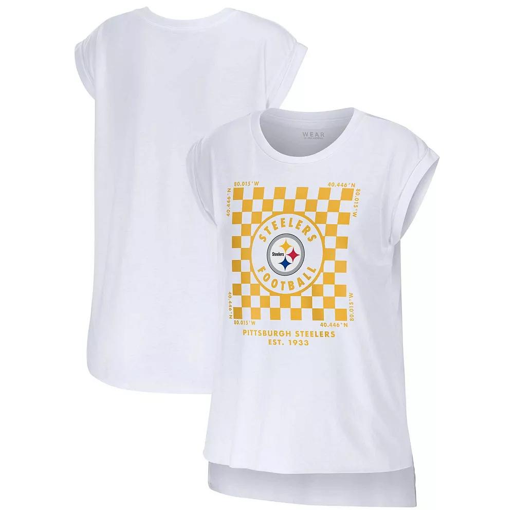 Women's WEAR by Erin Andrews White Pittsburgh Steelers Checker Muscle Tank Top,  Product Image