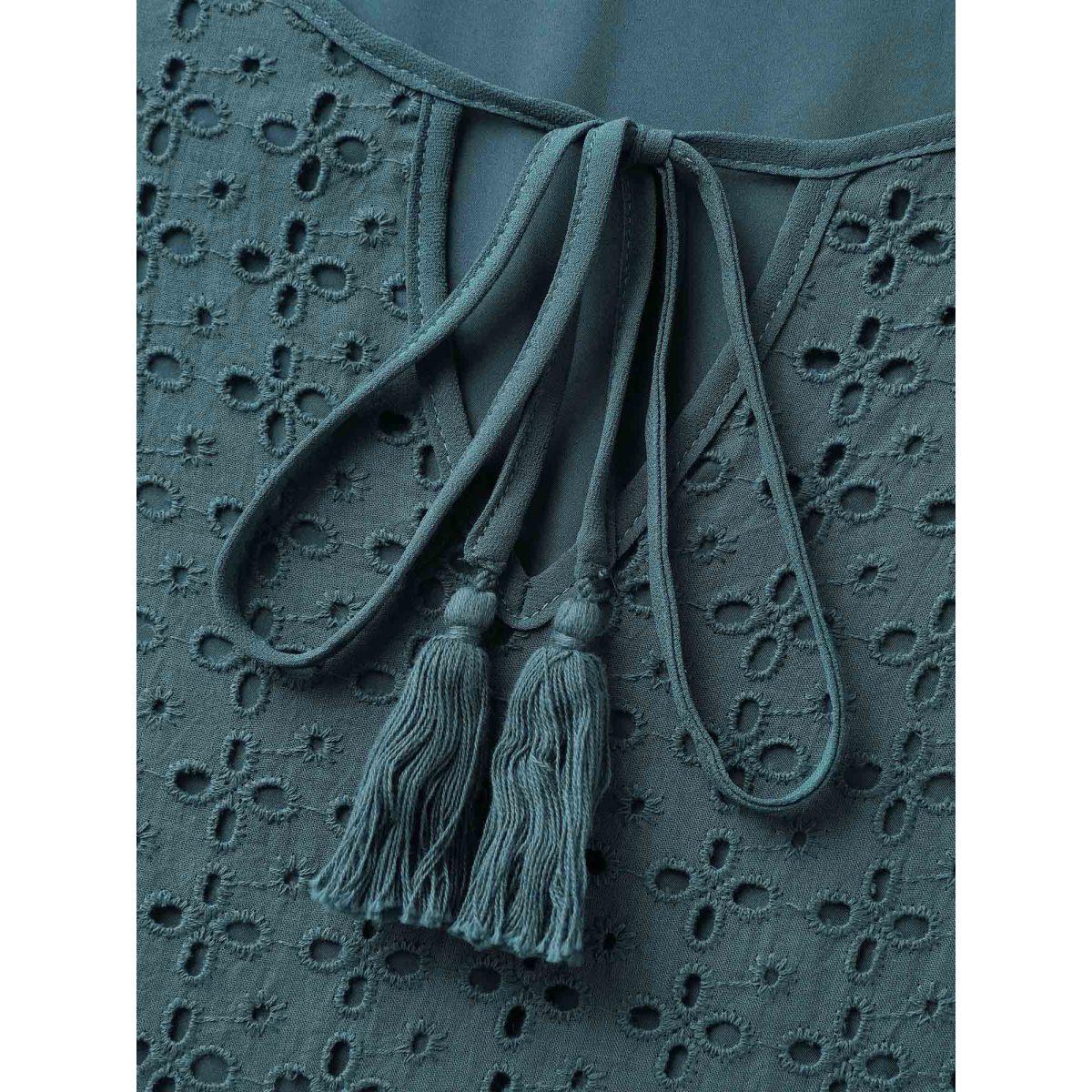 Plus Size Texture Tiered Tassel Solid Midi Dress Cyan Women Timeless Tie knot Flat collar Long Sleeve Curvy BloomChic 22-24/3X Product Image