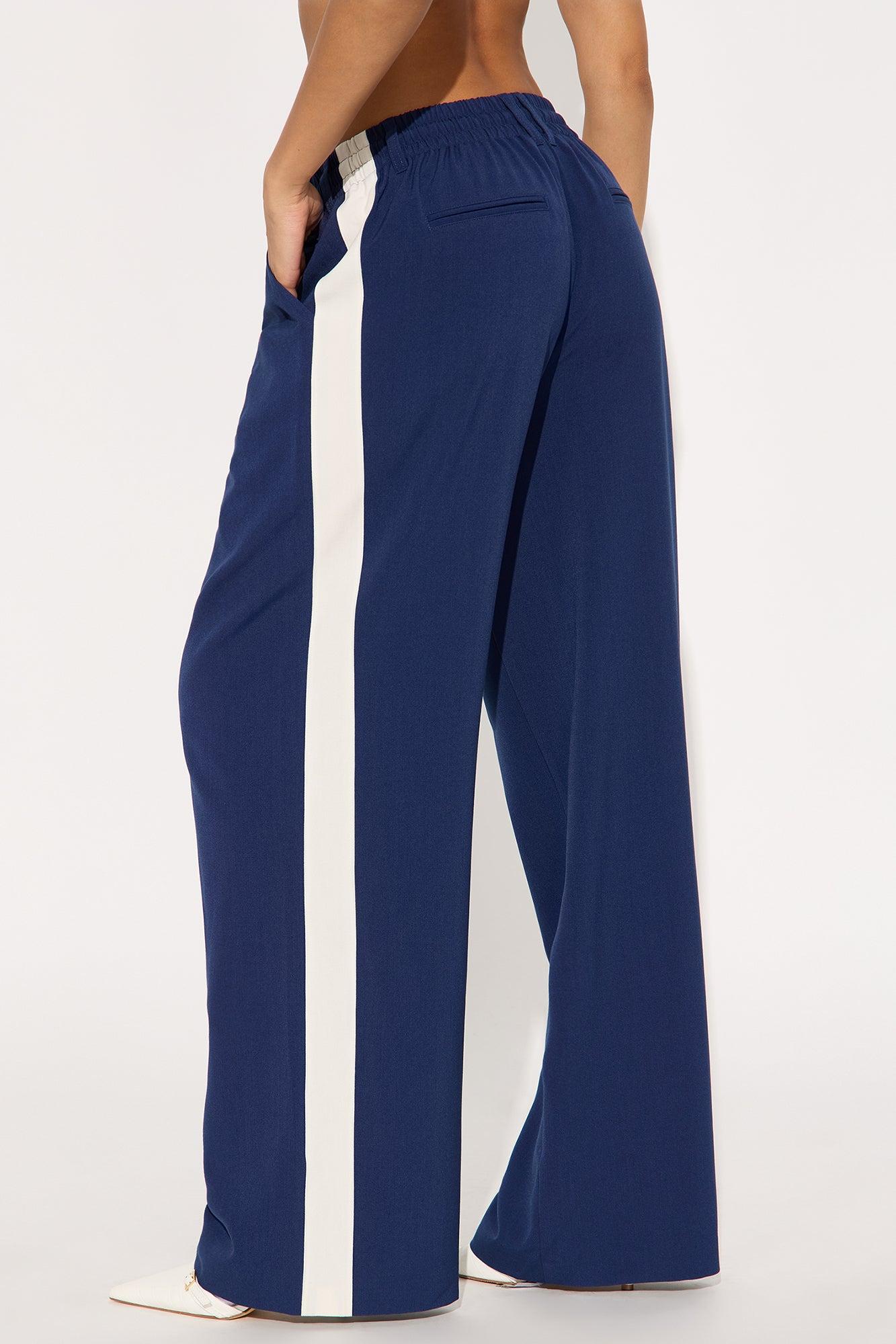On Track Wide Leg Woven Side Stripe Pants - Navy Product Image