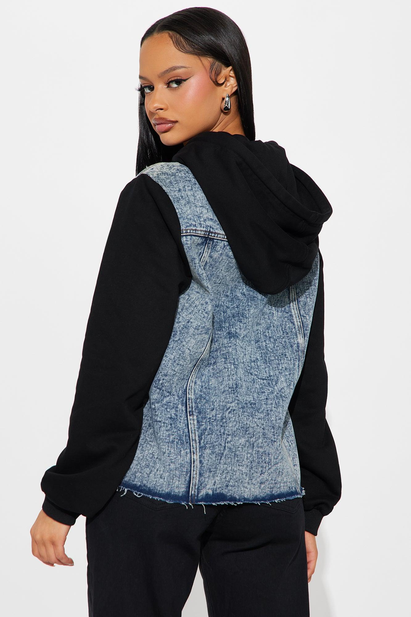 Out Loud Hooded Mix Media Denim Jacket - Dark Wash Product Image