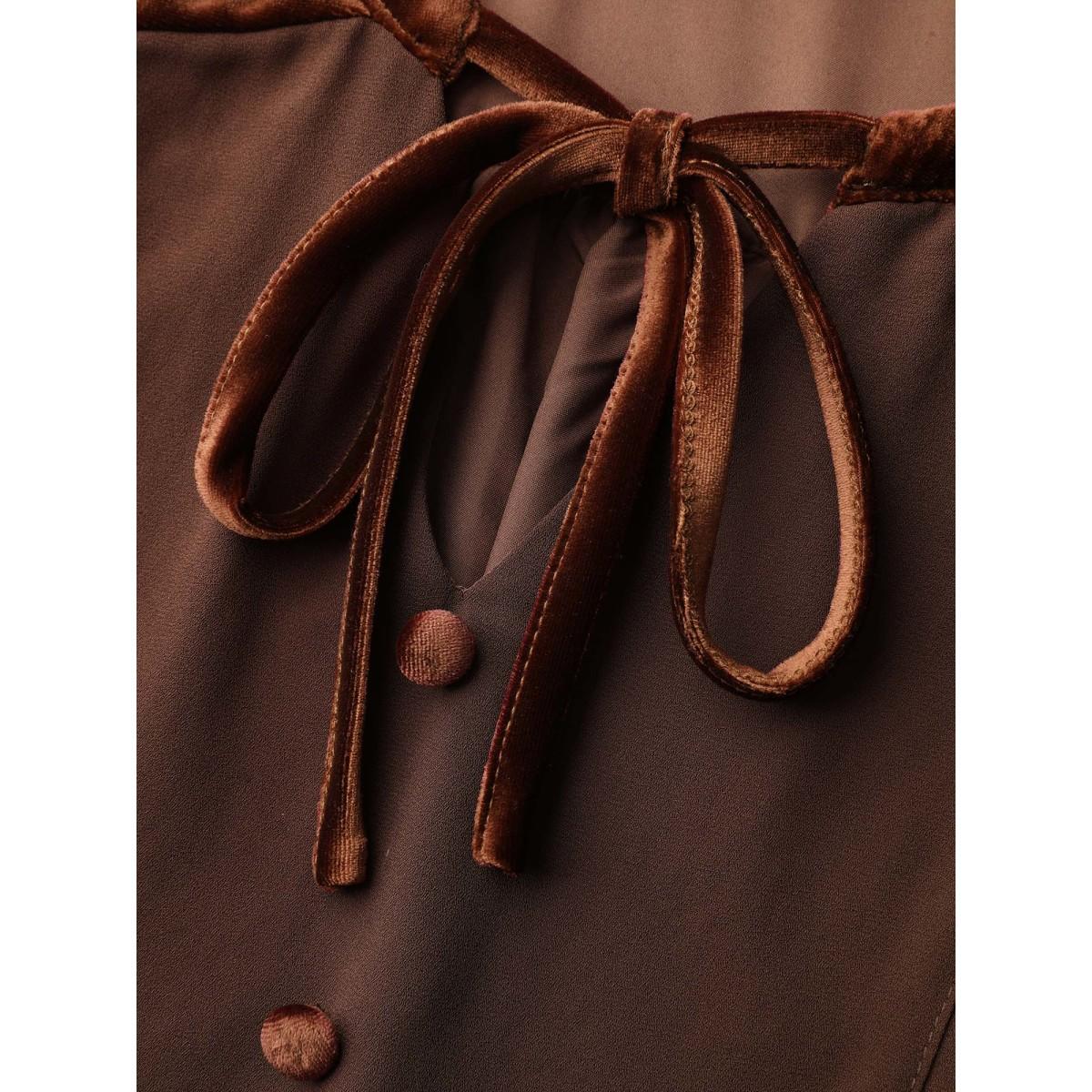 Plus Size Browncoffeecolor Embroidered Pleated Ruffled Sleeve Blouse Women Boho Long Sleeve Flat collar with V-notch Vacation Blouses BloomChic 30/6X Product Image