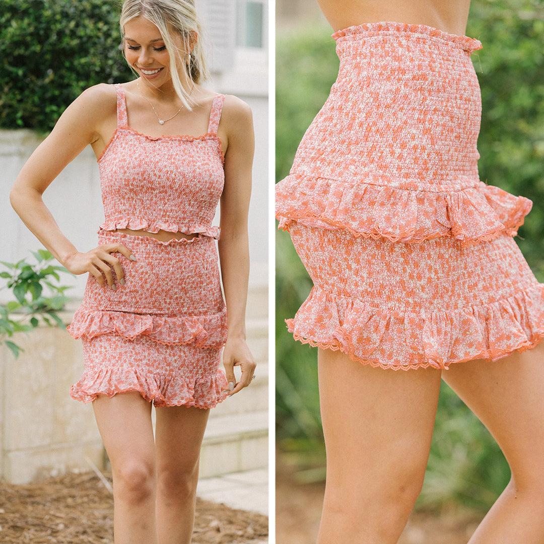 Give it Some Time Red Ditsy Floral Smocked Skirt Female Product Image