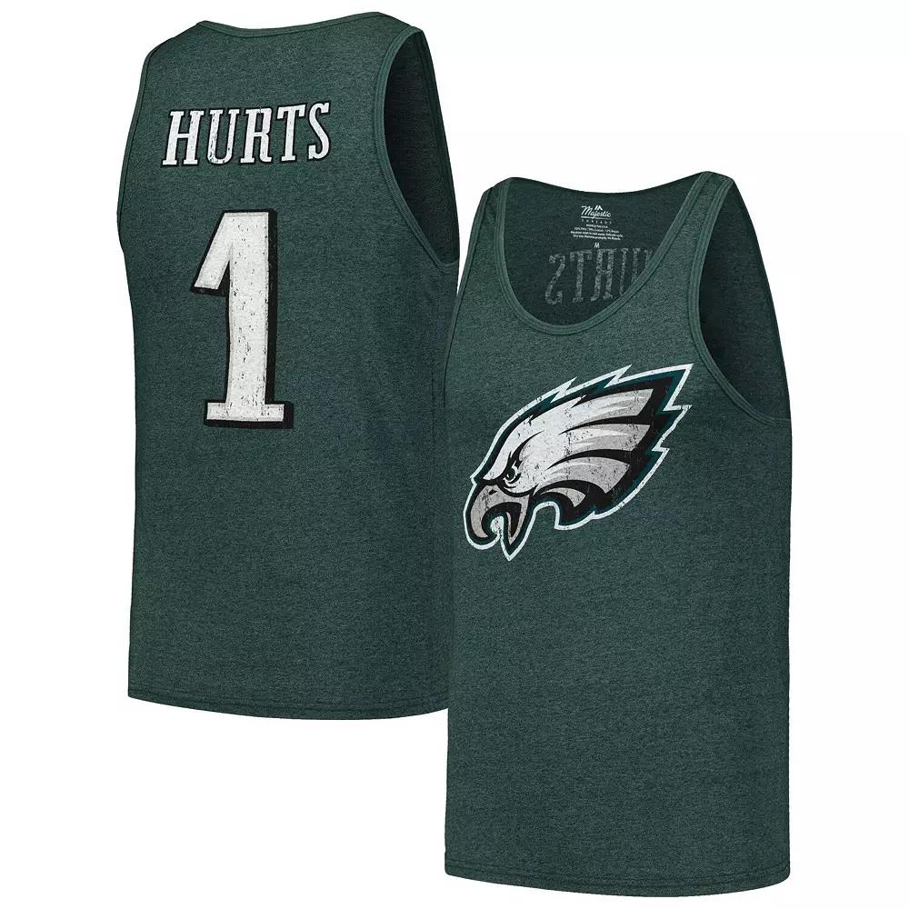 Men's Majestic Threads Jalen Hurts Midnight Green Philadelphia Eagles Player Name & Number Tri-Blend Tank Top,  Product Image